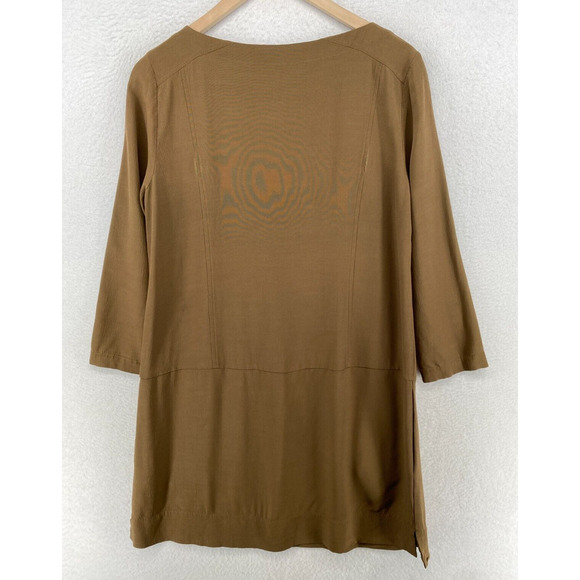 EILEEN FISHER Dress XS Shift Tencel Viscose Scoop Neck Long Sleeve Brown - Picture 6 of 16